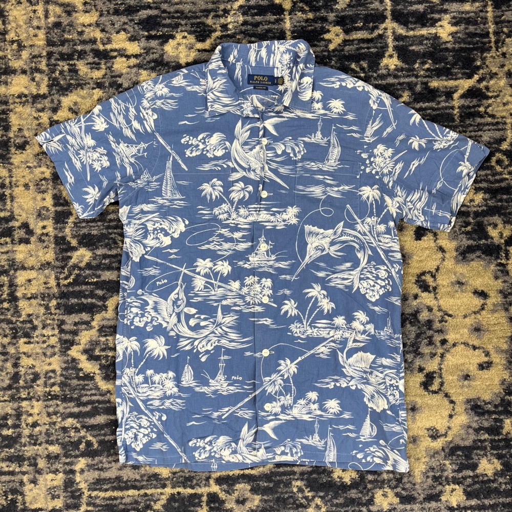 Polo Ralph Lauren Mens Large Blue Linen Blend Tropical Marlin Nautical Shirt